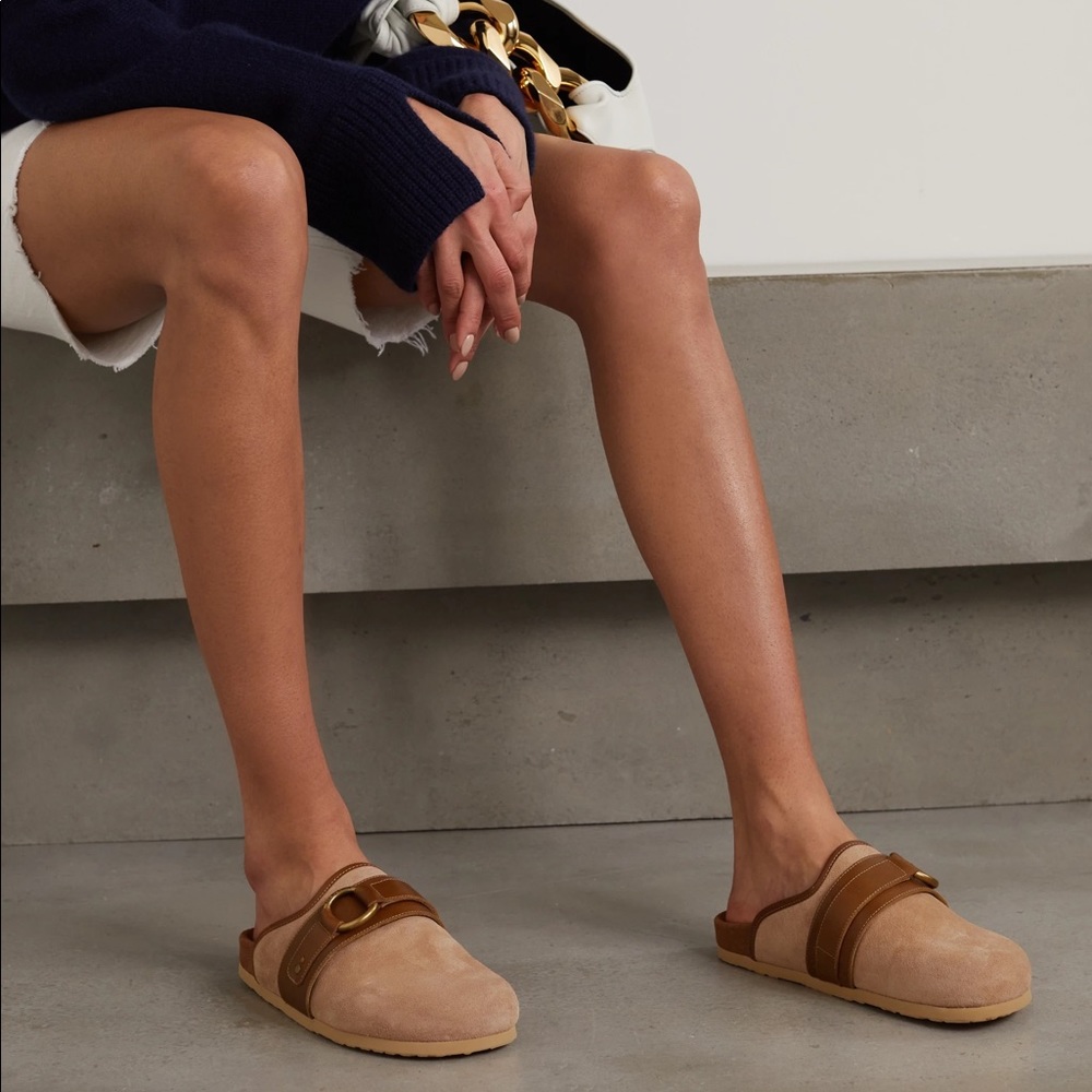 SEE BY CHLOÉ Gema Embellished Leather-trimmed Suede Slippers In Neutral